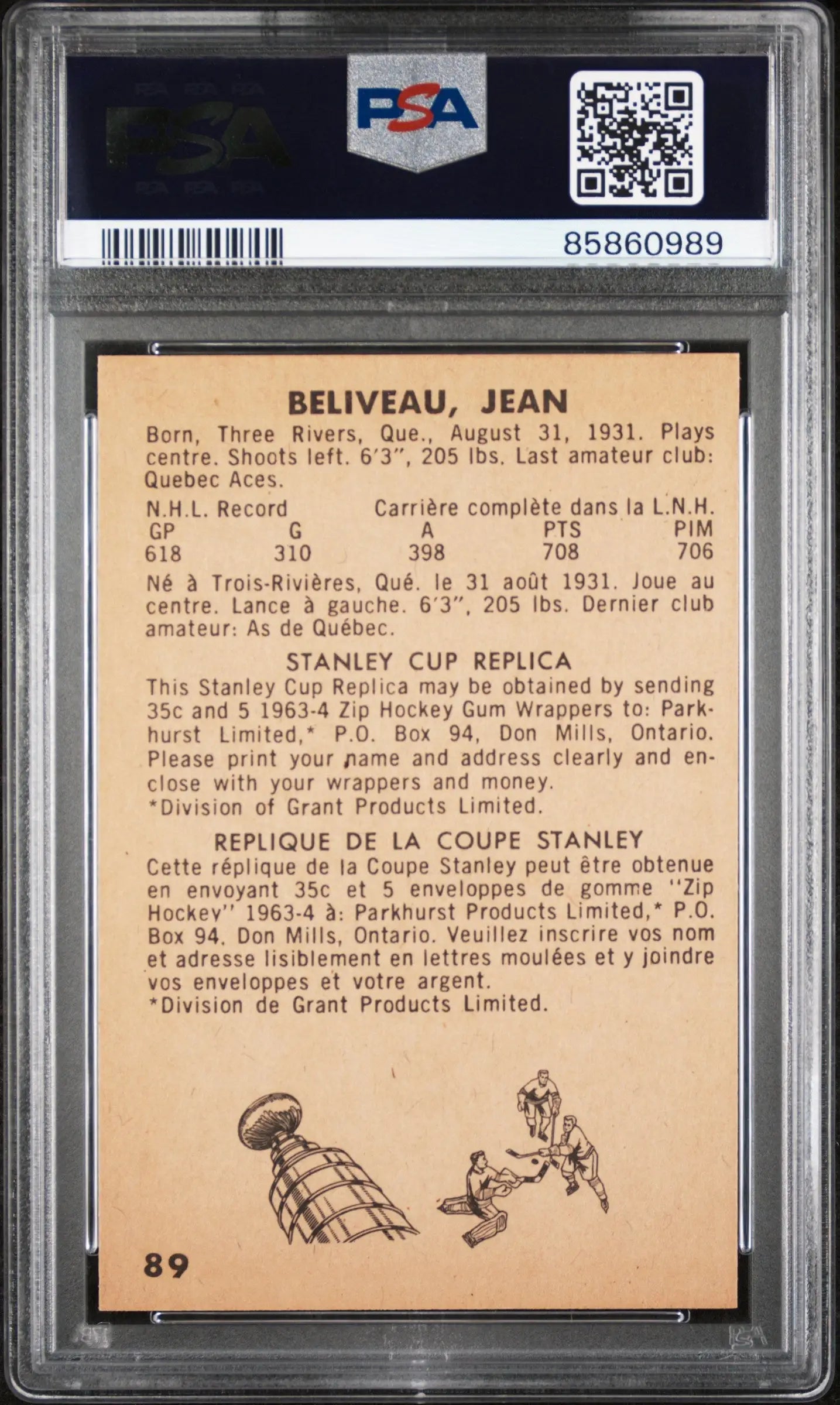 Jean Beliveau 1963 Parkhurst #89 PSA 8 Nm-Mint - Hockey Card Single