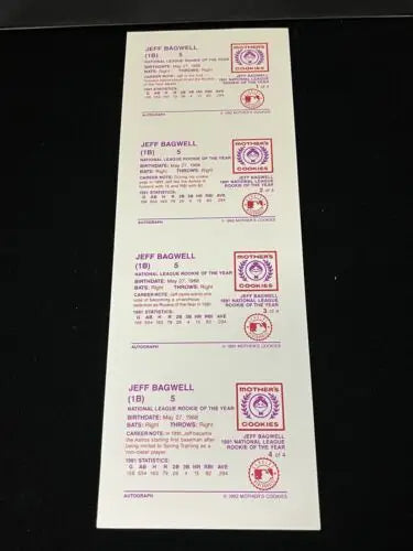 Jeff Bagwell 1992 Mothers Cookies Uncut 4 Card Panel Auto Houston Astros Trading Cards