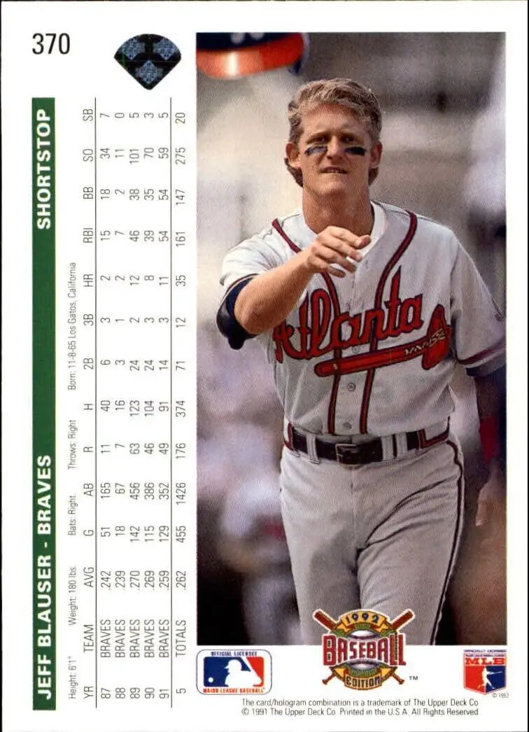 Jeff Blauser 1992 Upper Deck MLB #370 Baseball Card Atlanta Braves