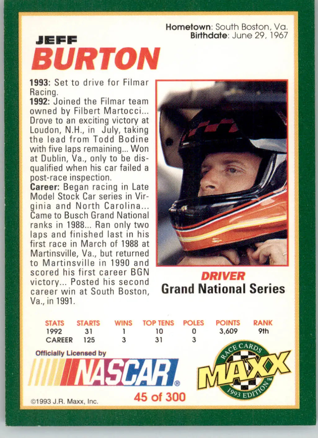 Jeff Burton - 1993 Maxx - #45 - Racing - Racing Card Single