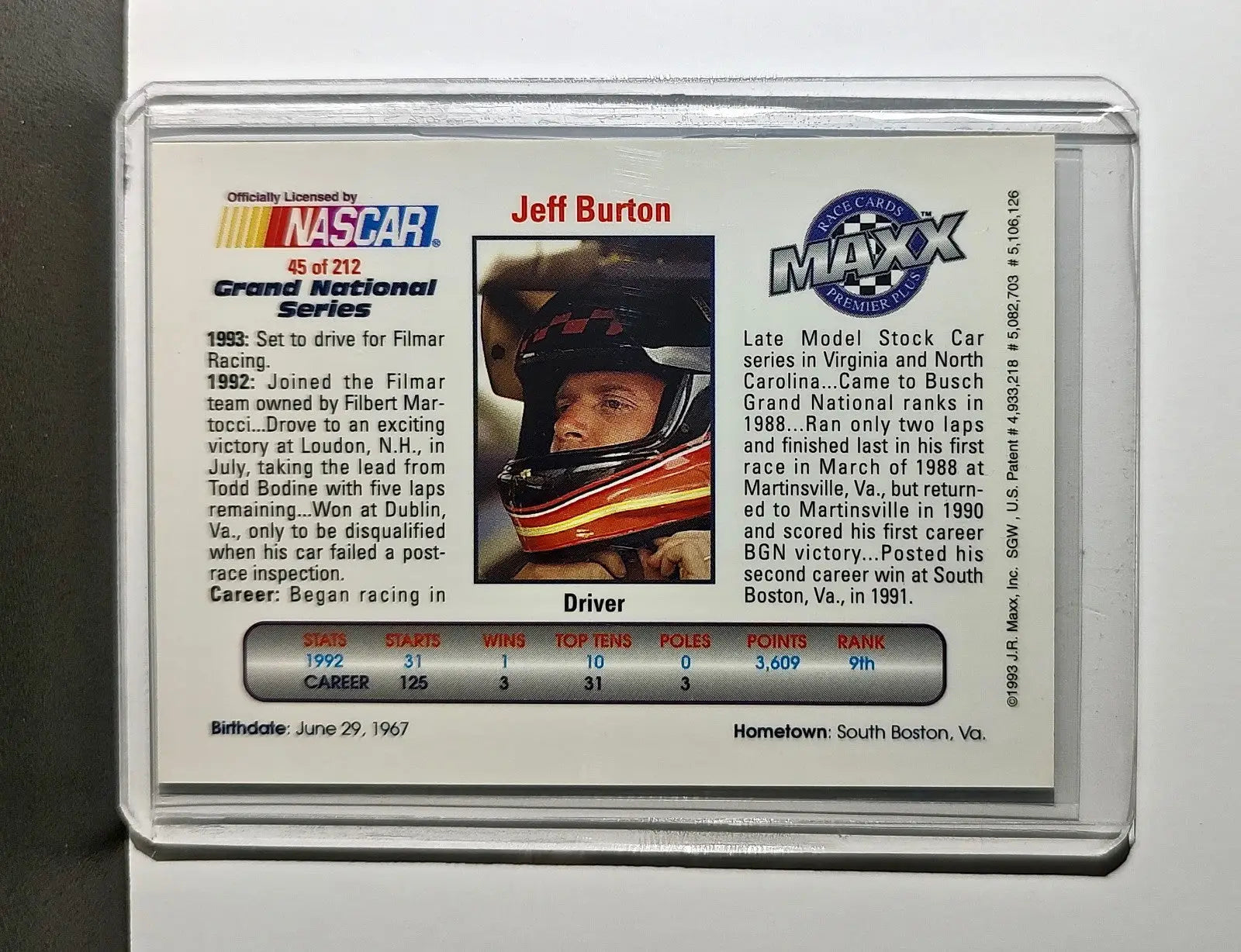 Jeff Burton 1993 Maxx Premier Plus Racing #45 NASCAR Card FILMAR Racing - Racing Card Single