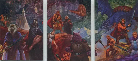 Three painted panels from Jeff Easley Fantasy Art trading cards showcasing dramatic scenes