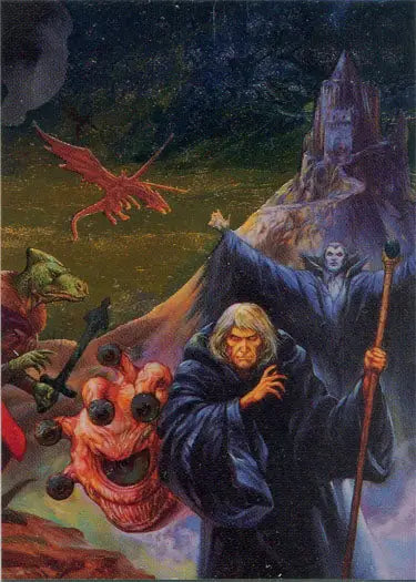 Fantasy book cover with a wizard and mythical creatures, Metallic Storm Chase Card