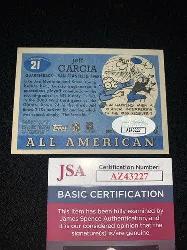 JEFF GARCIA Autographed Signed 2003 Topps All-American #21 49ers JSA COA - Football Card Single