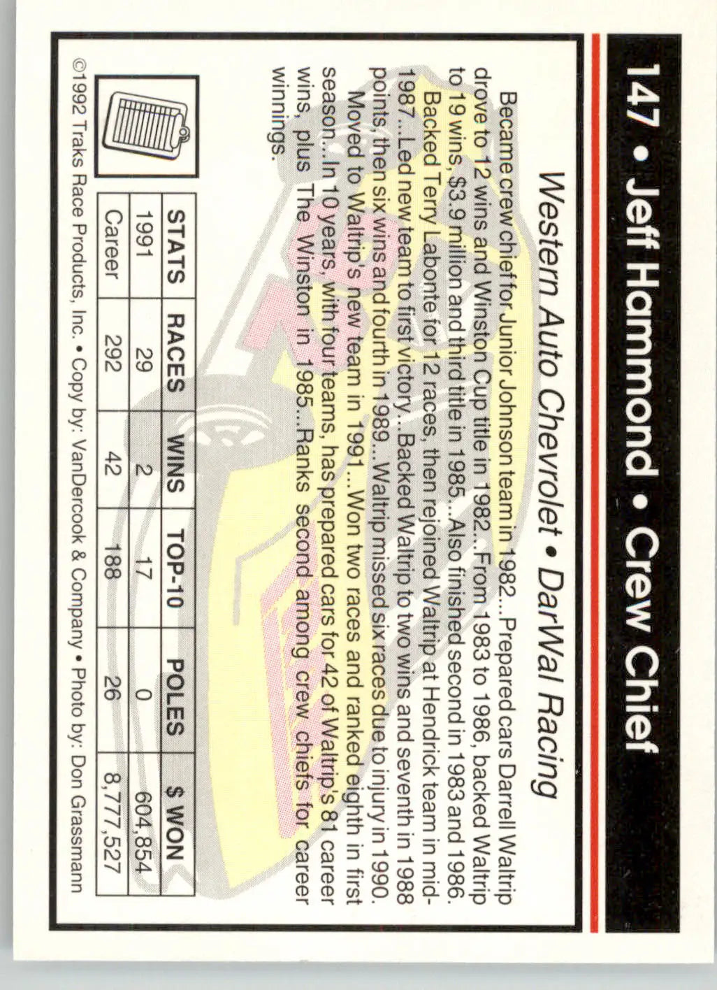 Jeff Hammond - 1992 Traks - #147 - Racing - Racing Card Single