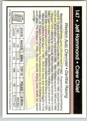 Jeff Hammond - 1992 Traks - #147 - Racing - Racing Card Single