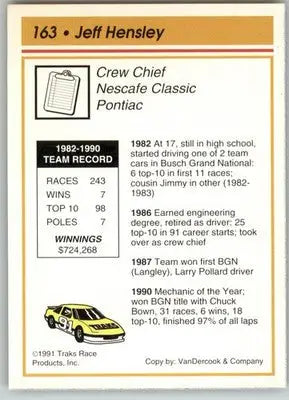Jeff Hensley - 1991 Traks - #163 - RC Racing - Racing Card Single
