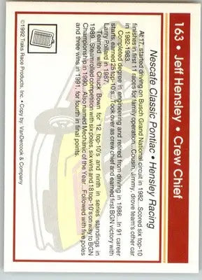 Jeff Hensley - 1992 Traks - #163 - Racing - Racing Card Single