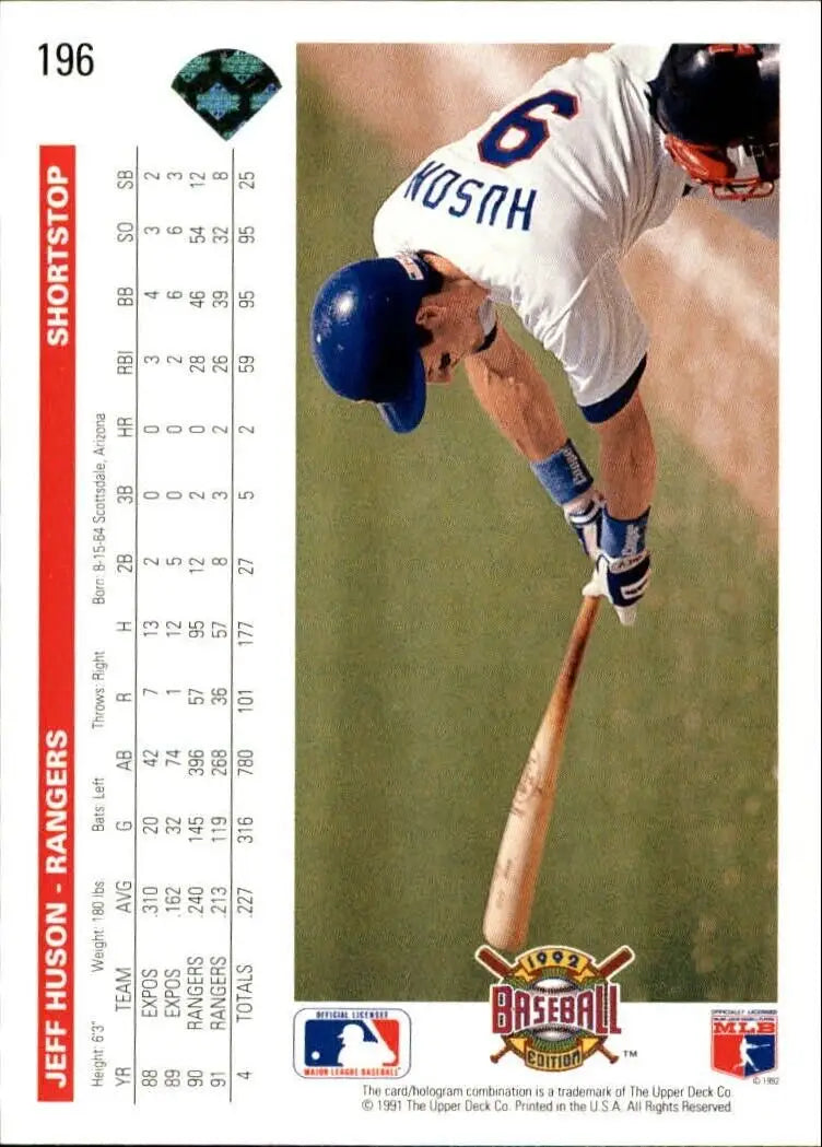 Jeff Huson 1992 Upper Deck MLB #196 Baseball Card Texas Rangers
