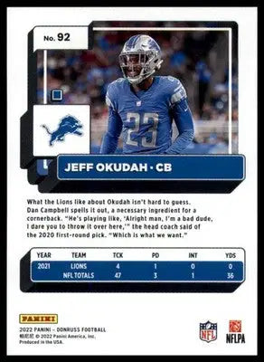 Jeff Okudah 2022 Donruss #92 Detroit Lions - Football Card Single
