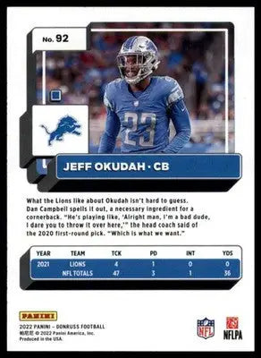 Jeff Okudah 2022 Donruss Blue Press Proof #92 Detroit Lions - Football Card Single