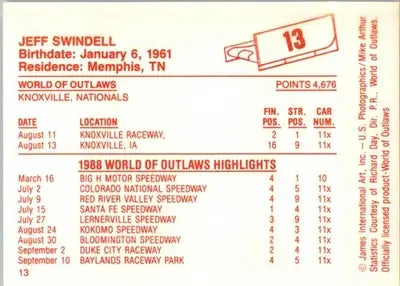 Jeff Swindell - 1988 World of Outlaws - #13 - Racing - Racing Card Single