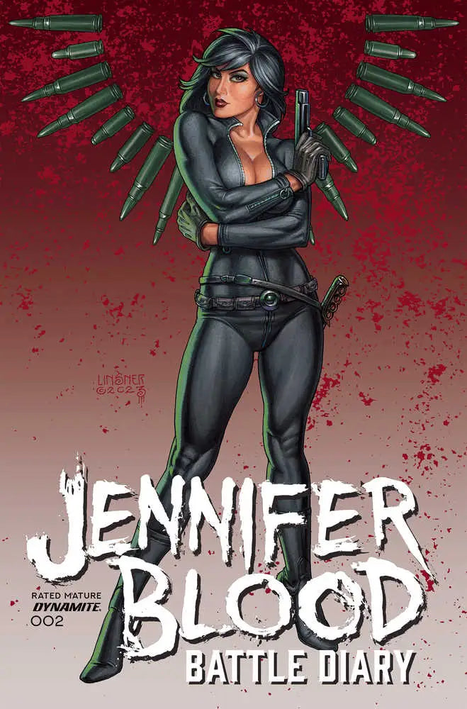 Comic book cover of Jennifer Blood Battle Diary with tactical character and winged bullets