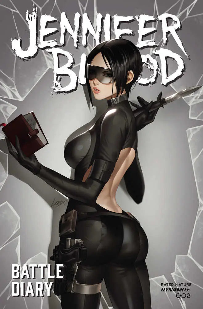 Stylized anime illustration of Jennifer Blood in tactical bodysuit holding Battle Diary