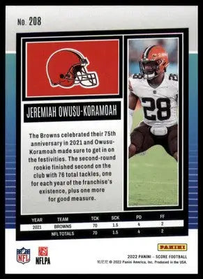 Jeremiah Owusu-Koramoah 2022 Score Gold #208 Cleveland Browns - Football Card Single