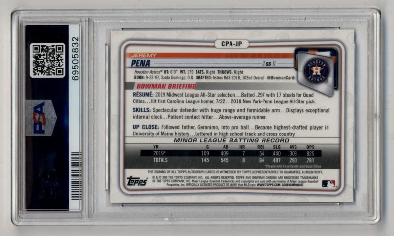 Jeremy Pena Bowman Chrome Prospect auto baseball card in clear protective slab