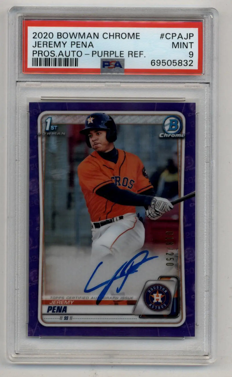 A graded 2020 Bowman Chrome Prospect Jeremy Pena auto purple refractor baseball card