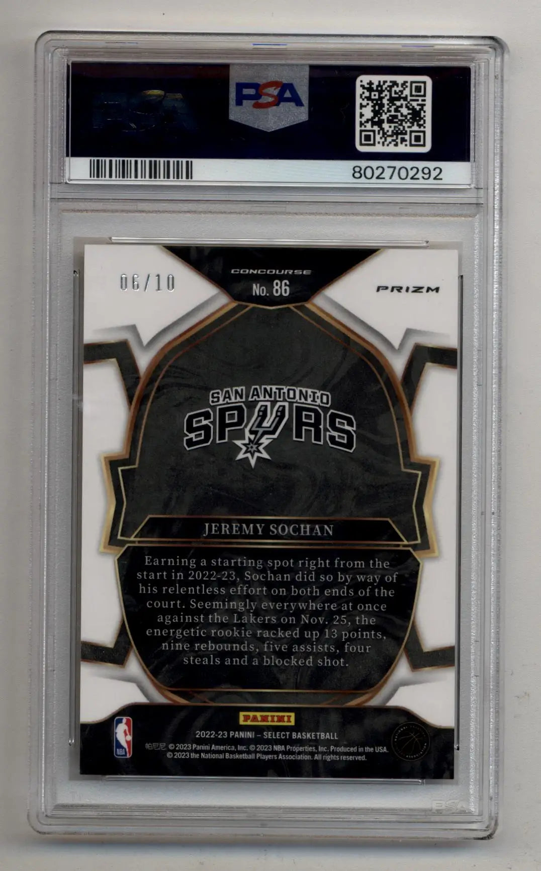 Jeremy Sochan 2022-23 Select Gold Cracked Ice 06/10 PSA 10 Gem Mint - Basketball Card Single