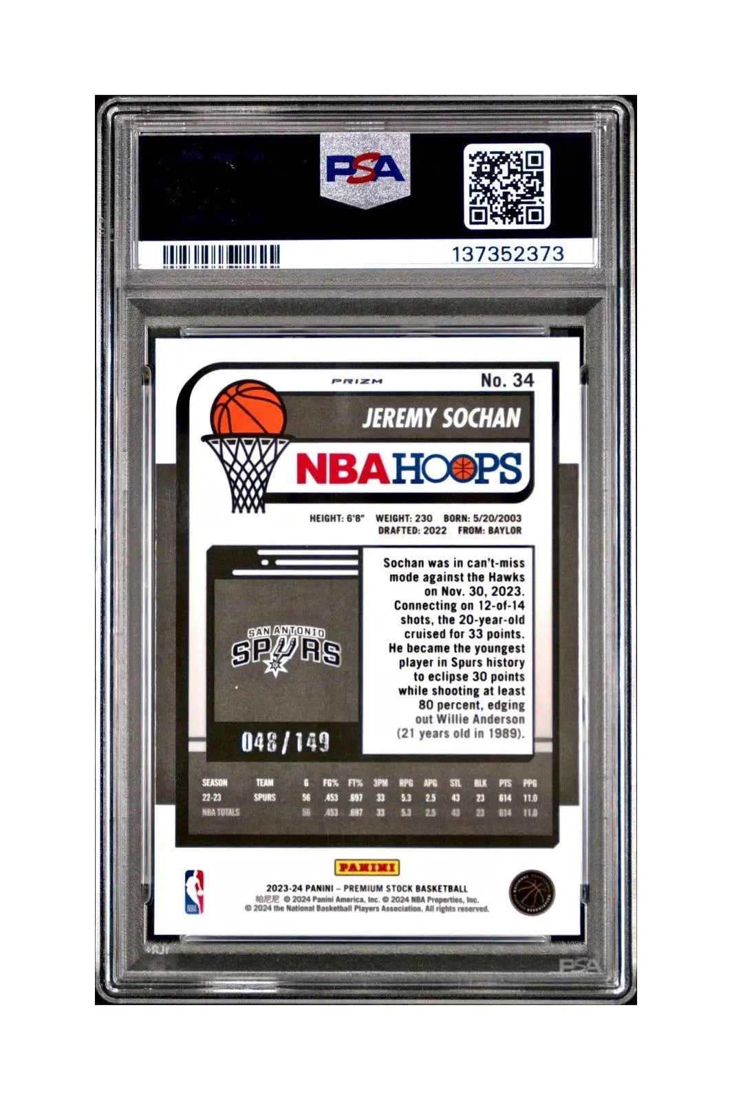 Jeremy Sochan 2023 Panini Hoops Premium #34 48/149 Red Disco Prizm PSA 10 Gem - Basketball Card Single
