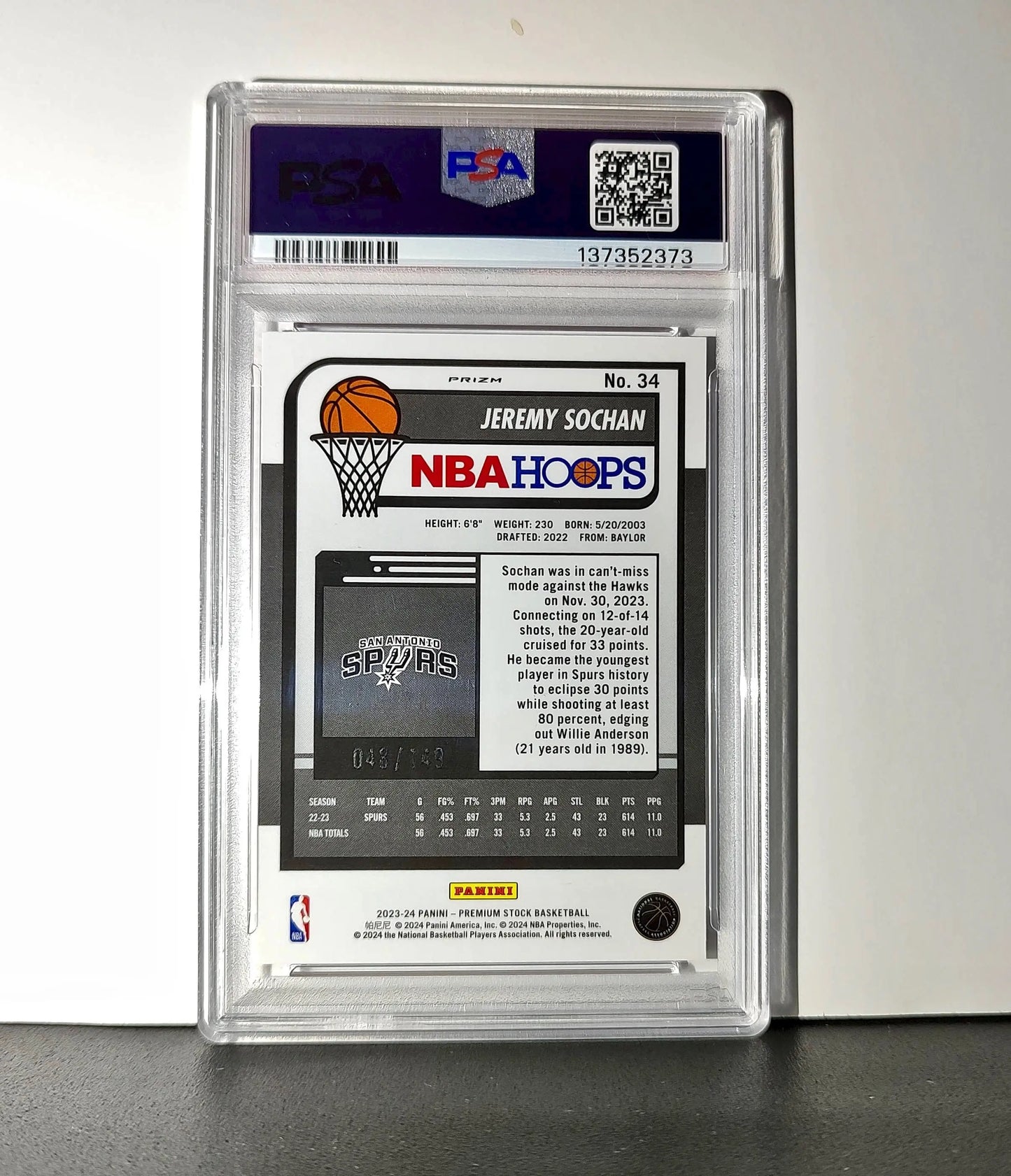 Jeremy Sochan 2023 Panini Hoops Premium #34 48/149 Red Disco Prizm PSA 10 Gem - Basketball Card Single