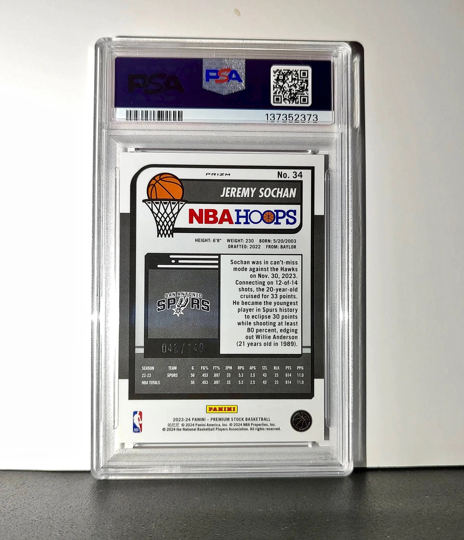 Jeremy Sochan 2023 Panini Hoops Premium #34 48/149 Red Disco Prizm PSA 10 Gem - Basketball Card Single