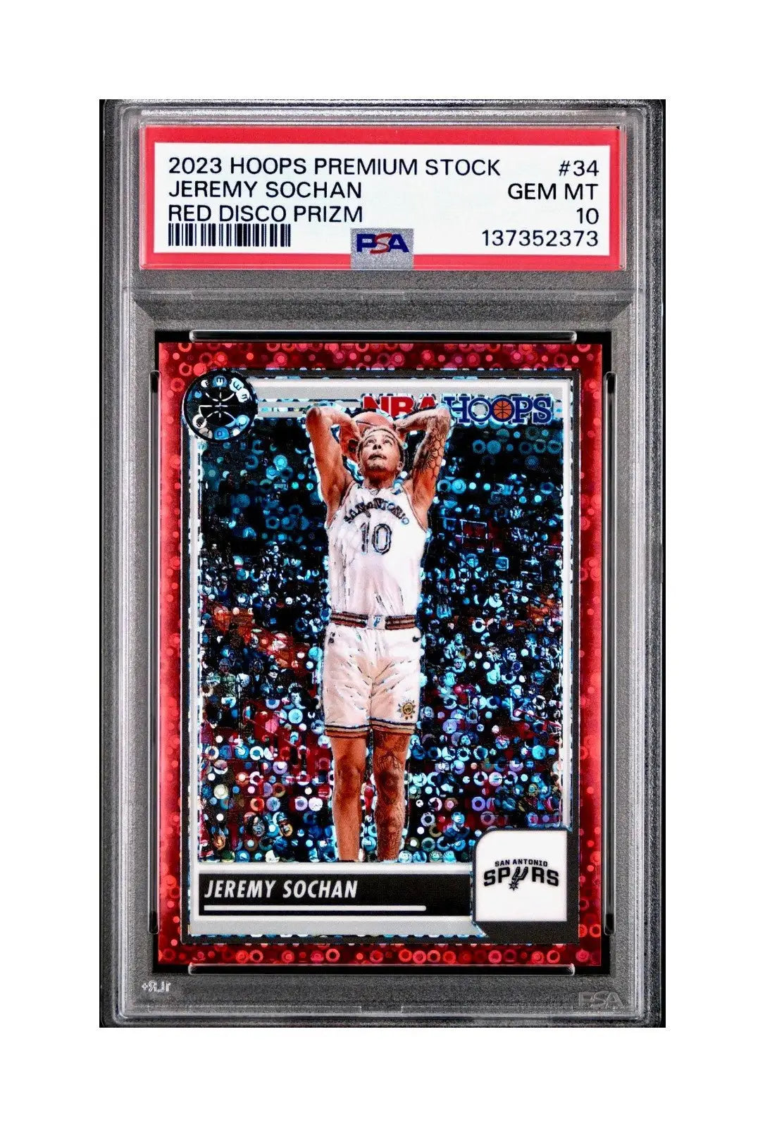 Jeremy Sochan 2023 Panini Hoops Premium #34 48/149 Red Disco Prizm PSA 10 Gem - Basketball Card Single