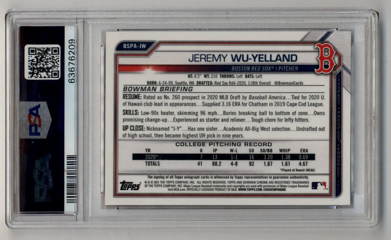 Encased Jeremy Wu-Yelland 2021 Bowman Chrome Sapphire Edition Red Auto card in PSA 10