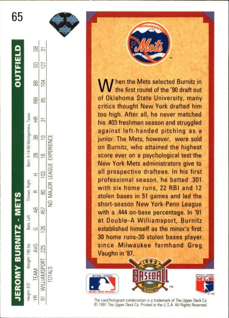 Jeromy Burnitz 1992 Upper Deck MLB #65 Baseball Card New York Mets