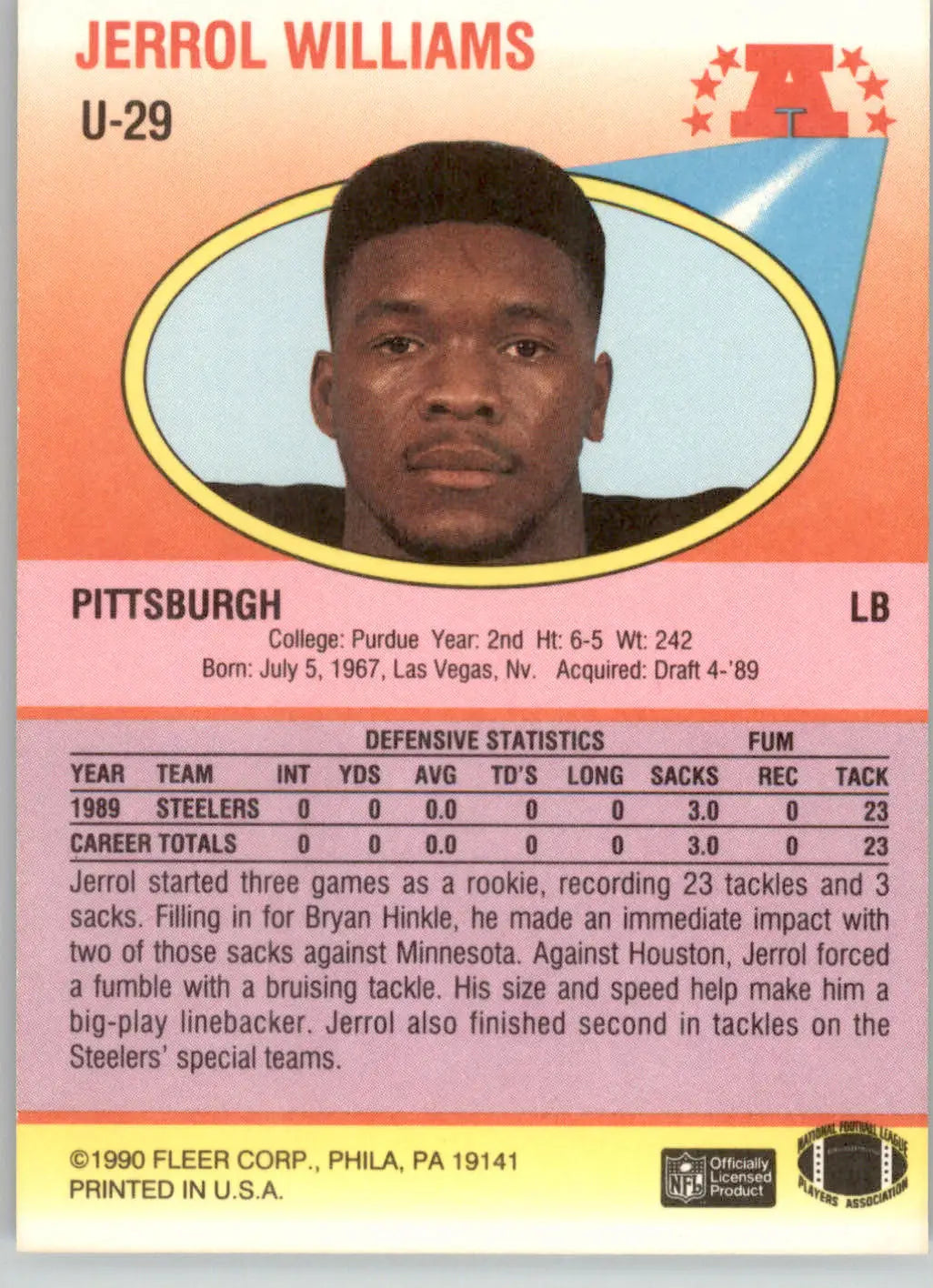 Jerrol Williams - 1990 Fleer Update - #U-29 - Football