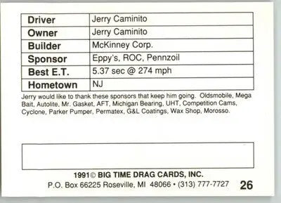 Jerry Caminito - 1991 Big Time Drag - #26 - Racing - Racing Card Single