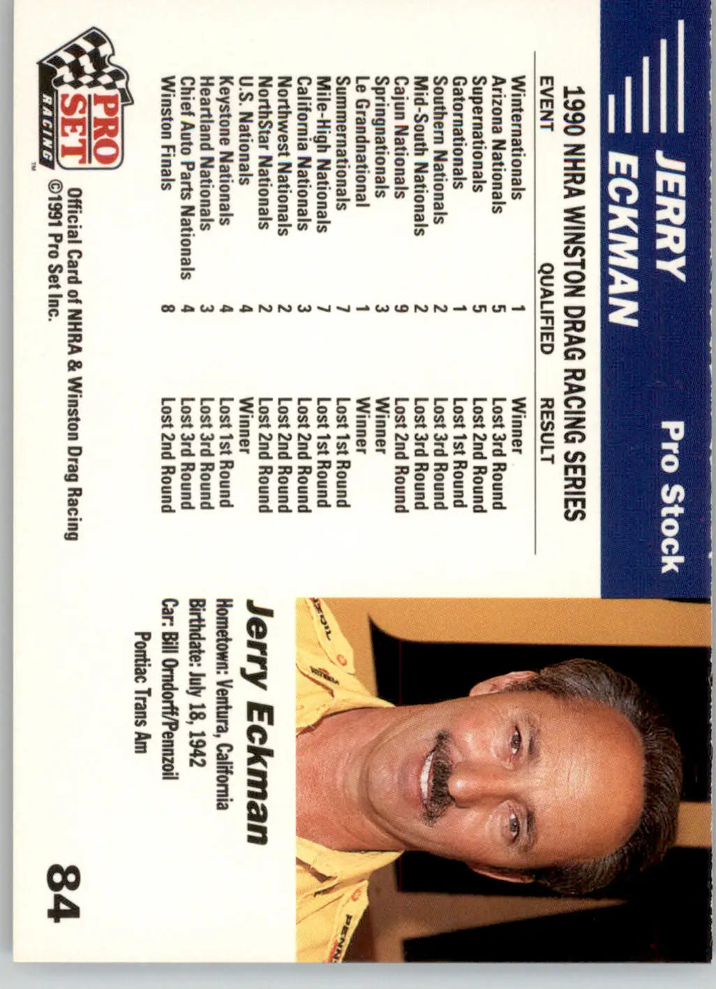 Jerry Eckman’s Car - 1991 Pro Set NHRA - #84 - Racing - Racing Card Single
