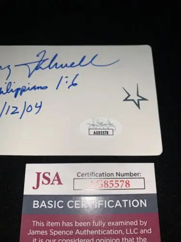 Autographed Jerry Falwell index card with JSA certification for Liberty University collectors