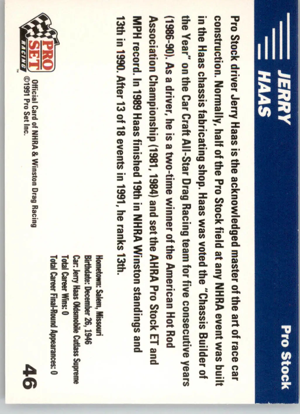 Jerry Haas - 1991 Pro Set NHRA - #46 - Racing - Racing Card Single