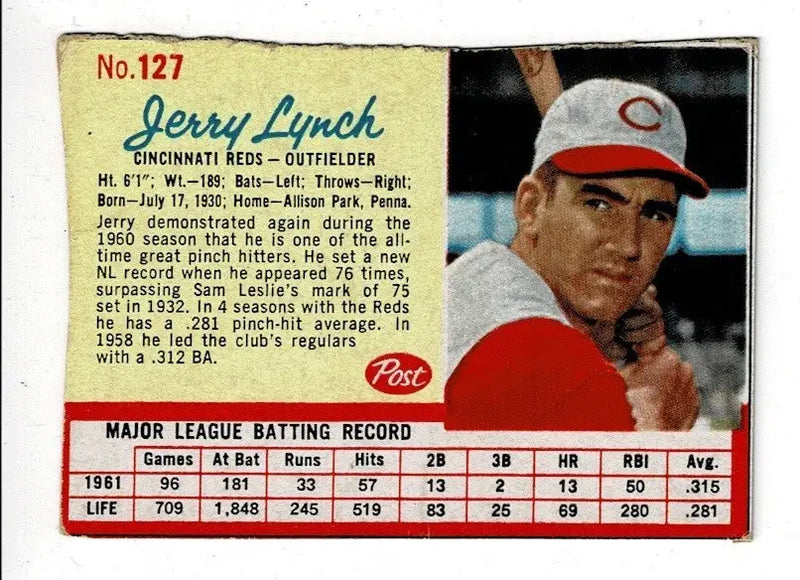 Jerry Lynch 1962 Post Cereal #127 Cincinnati Reds SP Short Print Baseball Card - Baseball Card Single