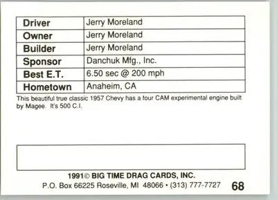 Jerry Moreland - 1991 Big Time Drag - #68 - Racing - Racing Card Single