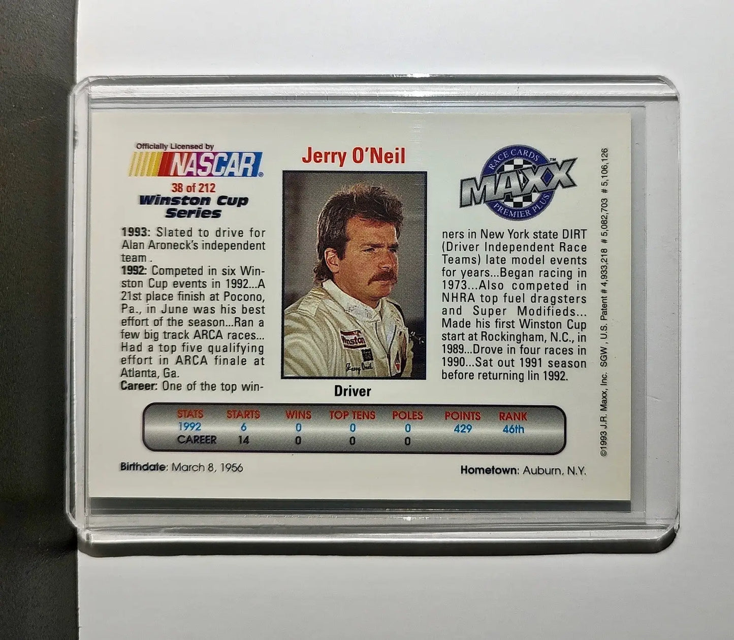 Jerry O’Neil 1993 Maxx Premier Plus Racing #38 NASCAR Card Aroneck Racing - Racing Card Single