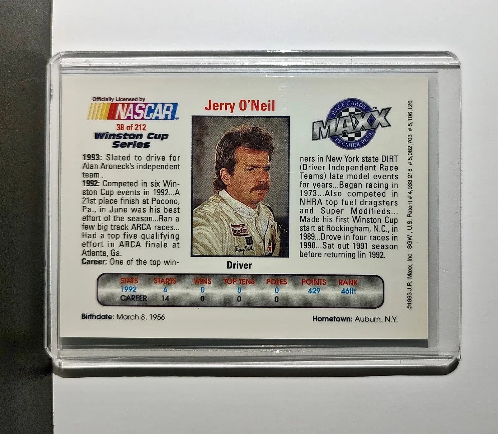 Jerry O’Neil 1993 Maxx Premier Plus Racing #38 NASCAR Card Aroneck Racing - Racing Card Single