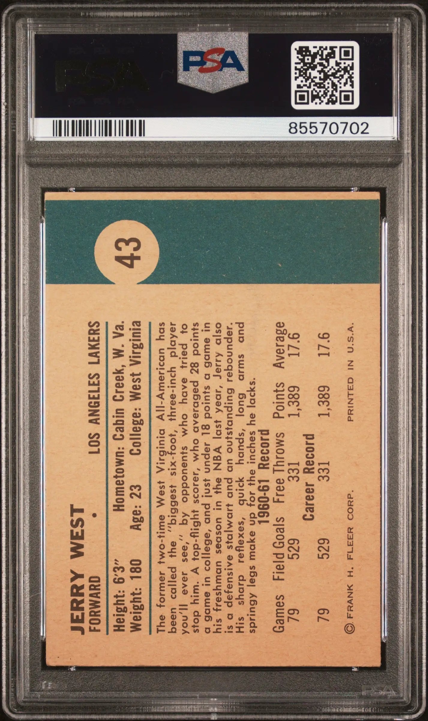 Jerry West 1961 Fleer #43 PSA 4 Vg-Ex - Basketball Card Single