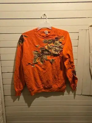 Jerzees Sweatshirt Mens L Orange Leaf Applique Made in USA Crewneck Pullover - Apparel