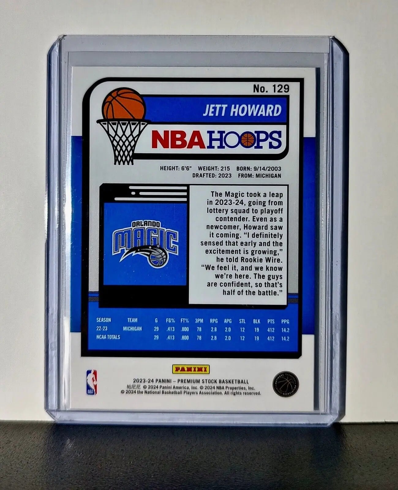 Jett Howard 2023-24 Panini Premium Stock NBA Hoops #129 Card Rookie Magic