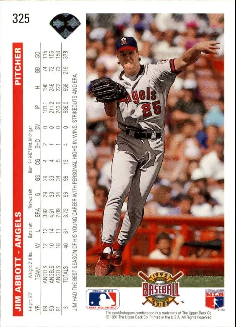 Jim Abbott 1992 Upper Deck MLB #325 Baseball Card California Angels