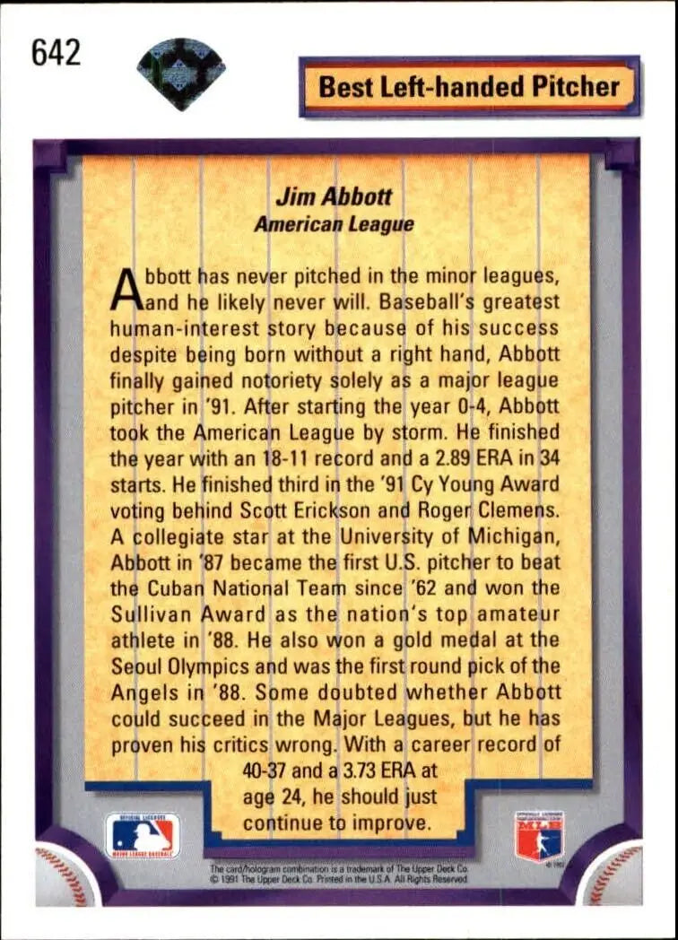 Jim Abbott 1992 Upper Deck MLB #642 DS Baseball Card California Angels