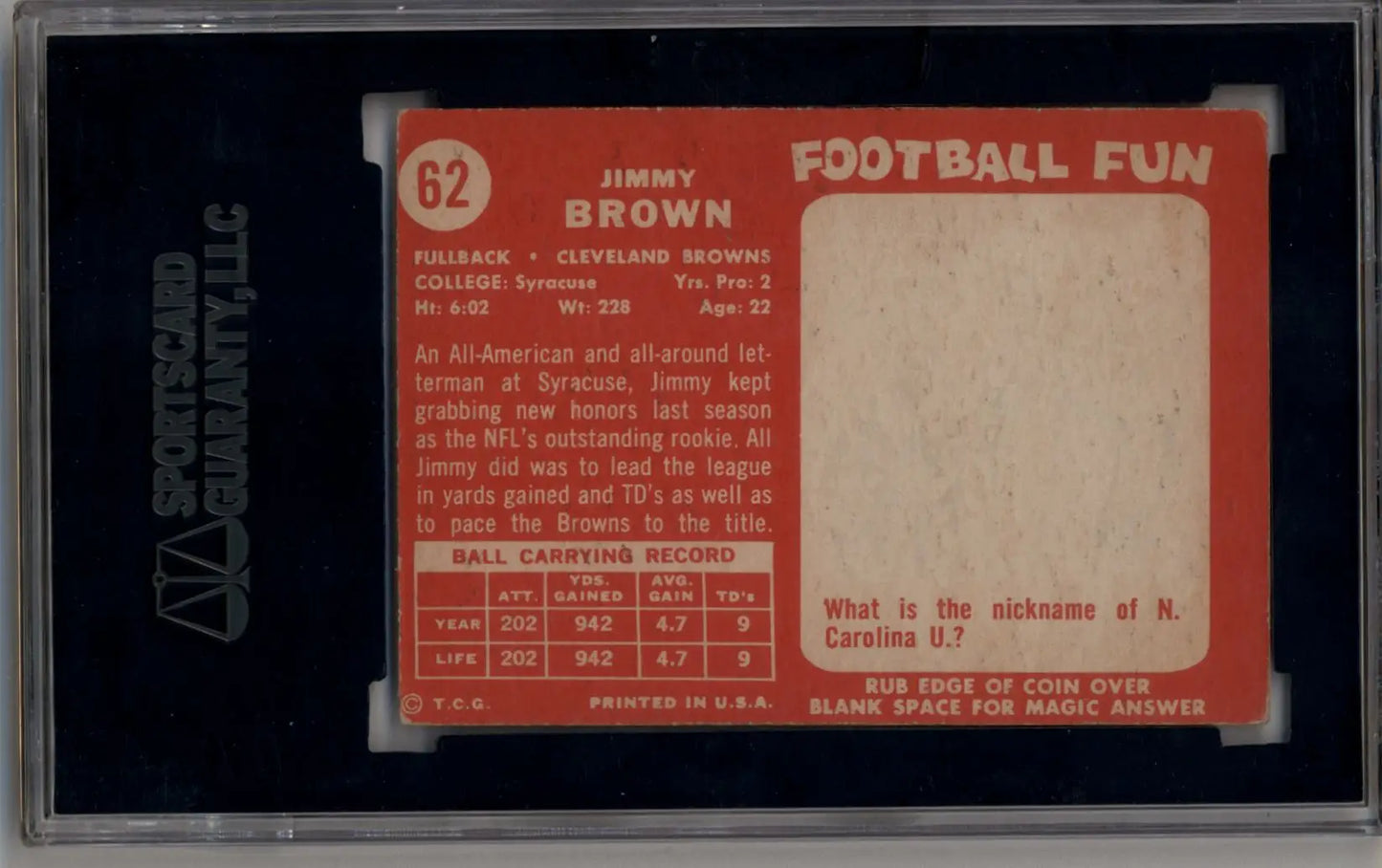 Jim Brown 1958 Topps #62 Rookie SGC 5 Excellent - Football Card Single