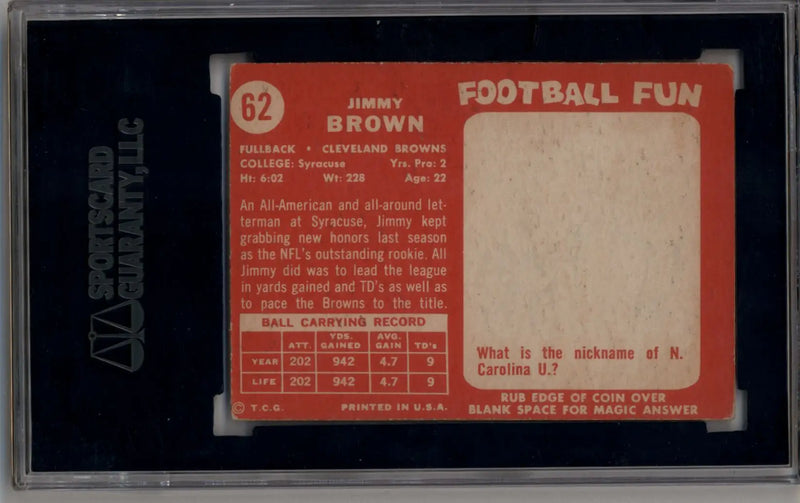 Jim Brown 1958 Topps #62 Rookie SGC 5 Excellent - Football Card Single