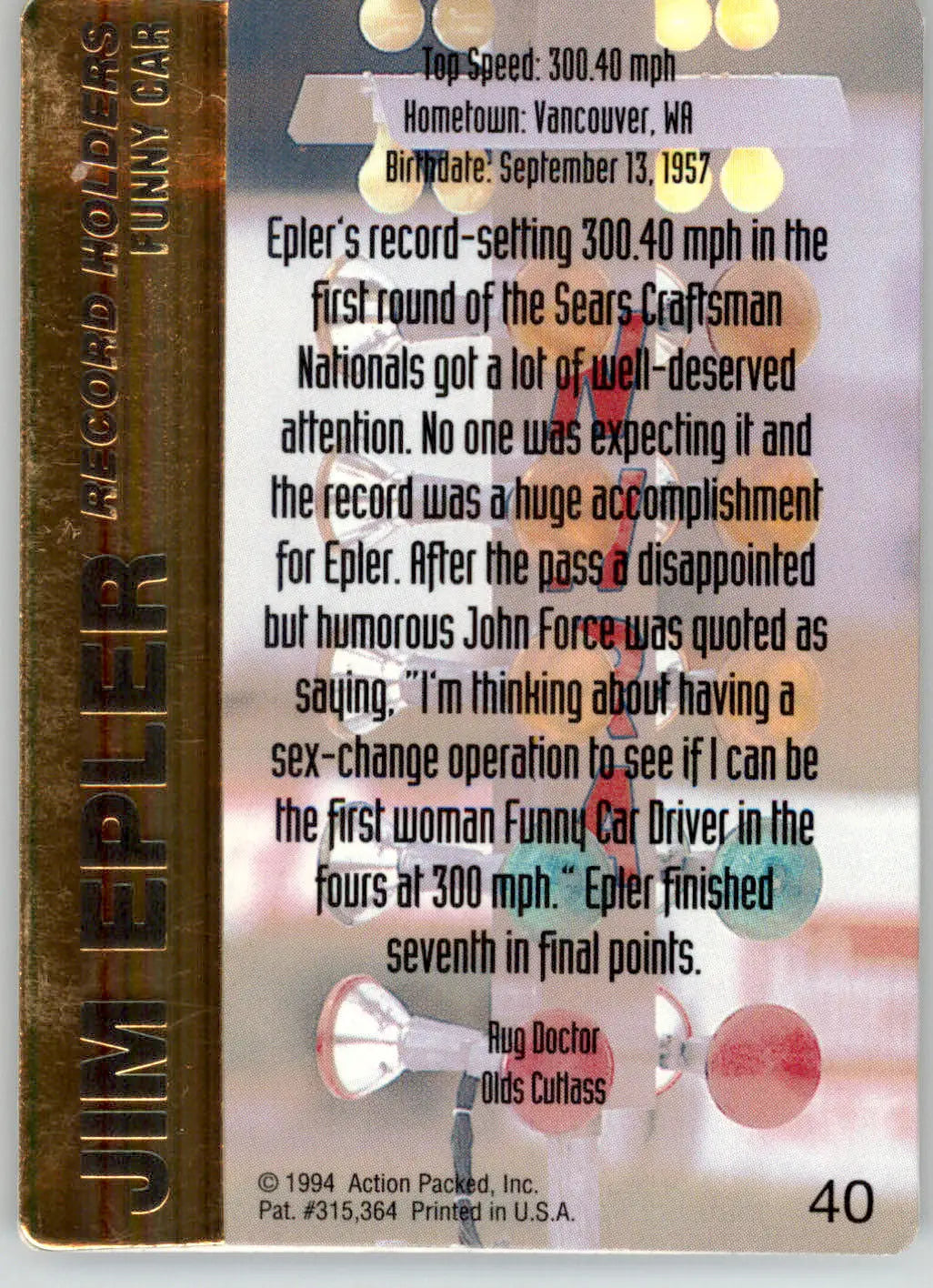 Jim Epler - 1994 Action Packed NHRA - #40 - Racing - Racing Card Single