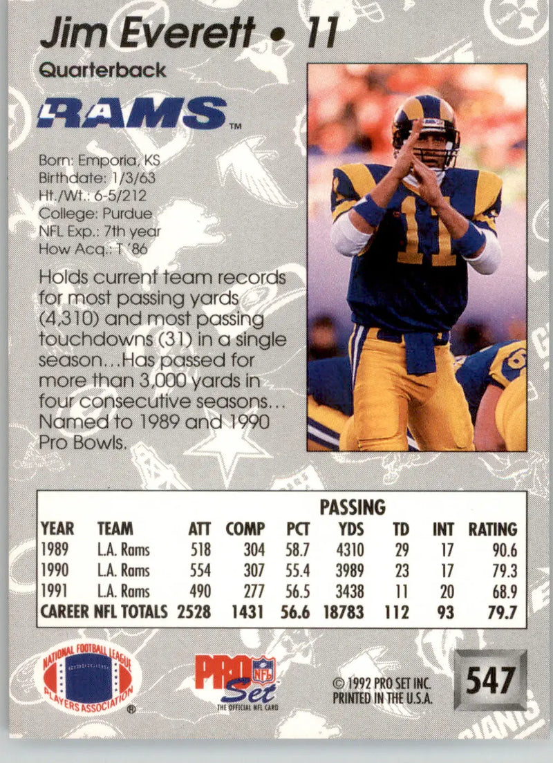 Jim Everett - 1992 Pro Set - #547 - Football - Football Card Single