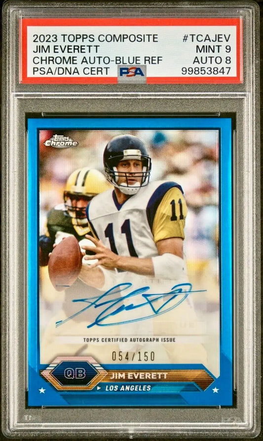 Jim Everett 2023 Topps Chrome NFL #TCA-JEV Blue Refractor 054/150 PSA 9 Auto 8