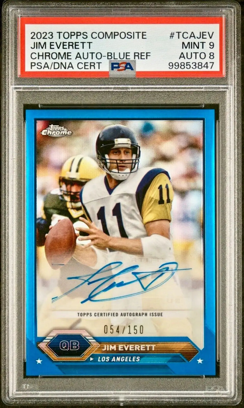 Jim Everett 2023 Topps Chrome NFL #TCA-JEV Blue Refractor 054/150 PSA 9 Auto 8
