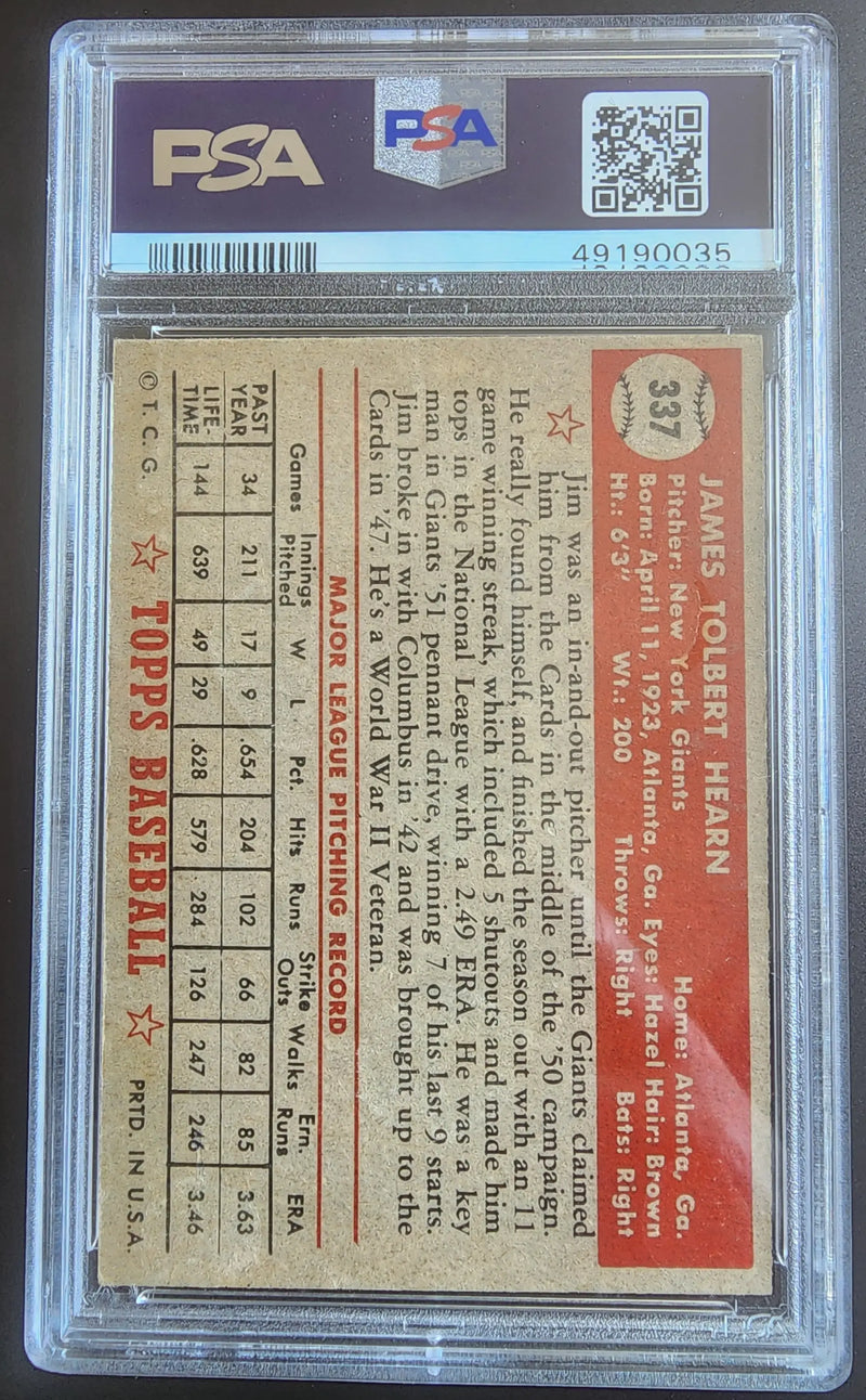 Vintage Jim Hearn 1952 Topps #337 baseball card in PSA 2.5 holder with stats