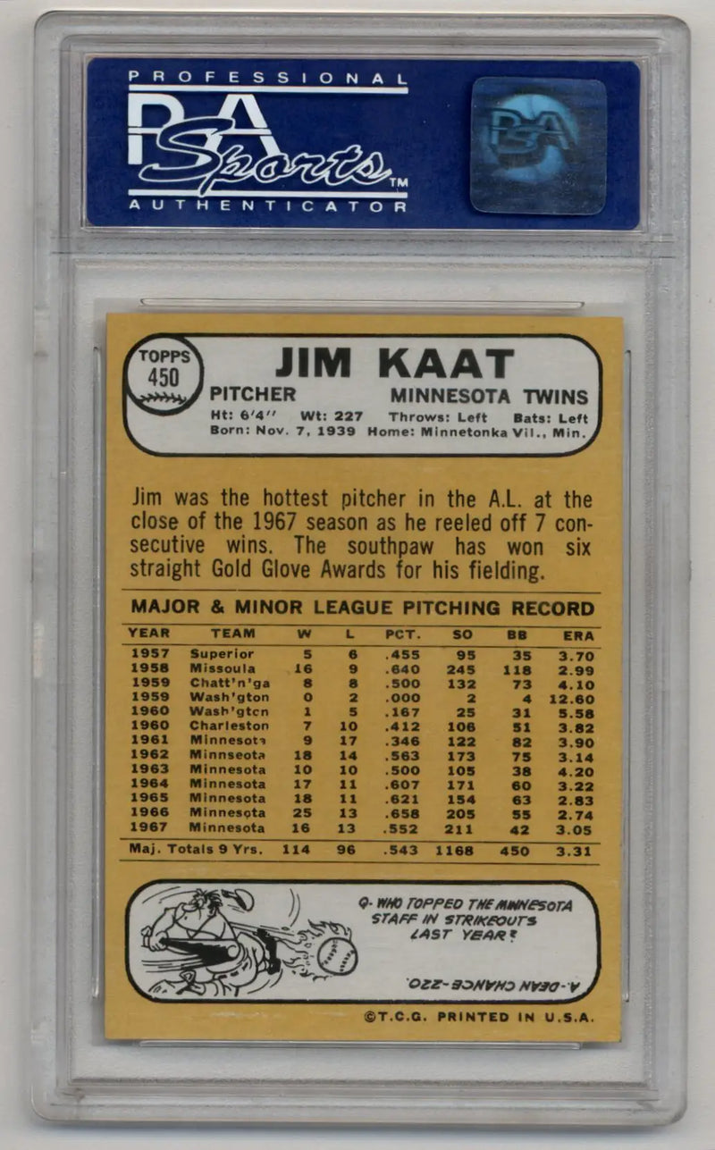Encased 1968 Topps Jim Kaat baseball card in PSA 9 Mint condition